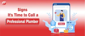 How to Know When It’s Time to Call a Professional Plumber Illustration of a plumber fixing a leaking pipe with water dripping and tools nearby.