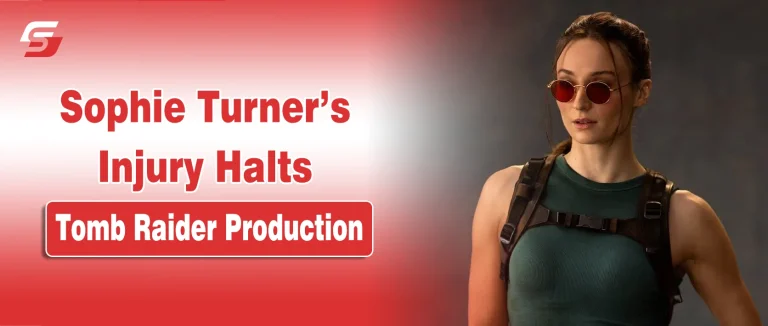 Tomb Raider Series Production Suspended As Sophie Turner Suffers a Back Injury Sophie Turner as Lara Croft in a Tomb Raider production still, featured on a red news graphic