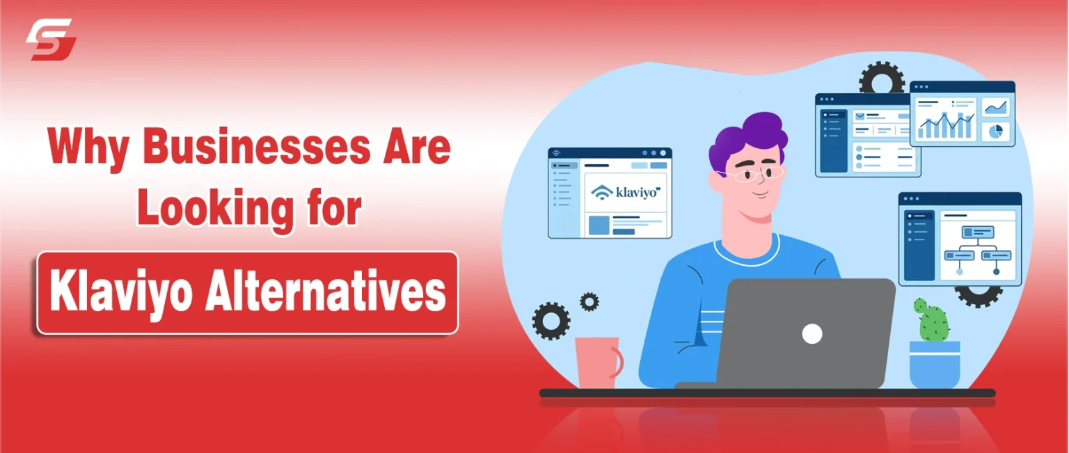 Illustration of a person working on a laptop surrounded by charts, graphs, and screens labeled “Klaviyo.”