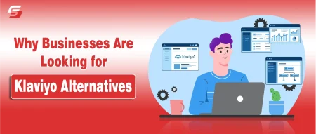 Illustration of a person working on a laptop surrounded by charts, graphs, and screens labeled “Klaviyo.”