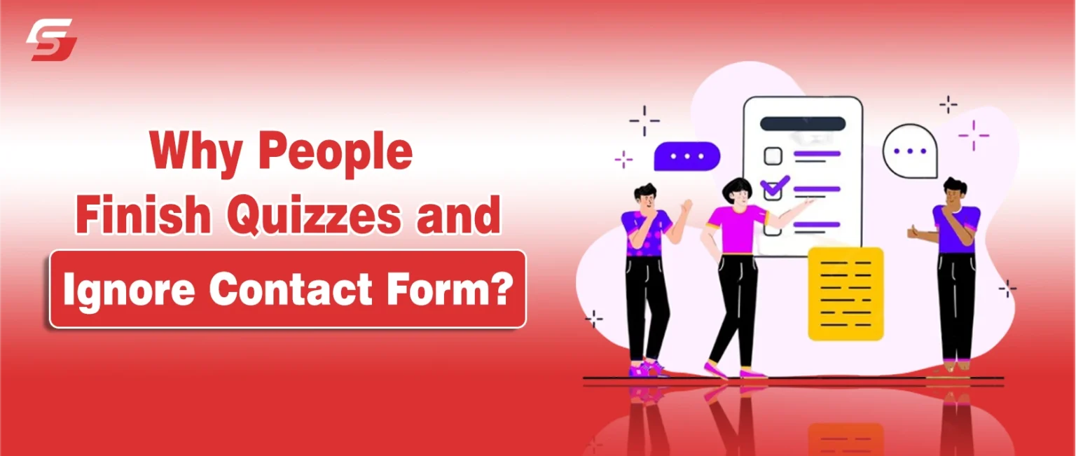 Flat illustration of people with a giant quiz checklist and text "Why People Finish Quizzes and Ignore Contact Form?"