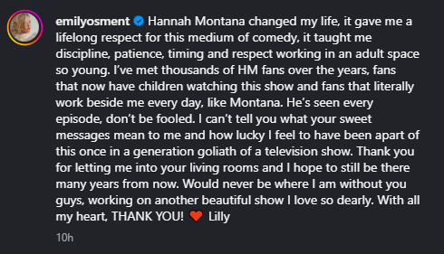 screenshot of instagram post of Osment’s emotional tribute to fans.