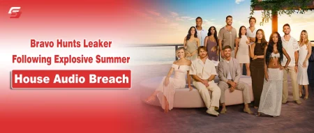 The cast of Bravo's Summer House pictured on a beach for a news report regarding a recent audio leak.