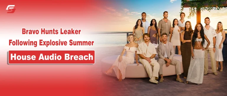 The cast of Bravo's Summer House pictured on a beach for a news report regarding a recent audio leak.