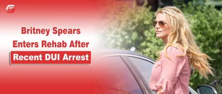 Candid photo of Britney Spears on a red and white news graphic.