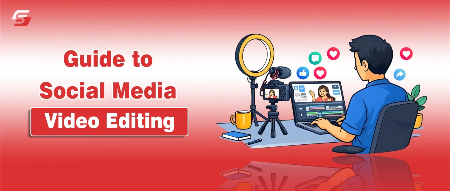 A person editing a video on a laptop at a desk, with social media icons floating around, a camera on a tripod, ring light, mug, notebook, pen, and plant, against a red gradient background.