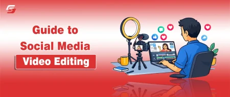 A person editing a video on a laptop at a desk, with social media icons floating around, a camera on a tripod, ring light, mug, notebook, pen, and plant, against a red gradient background.