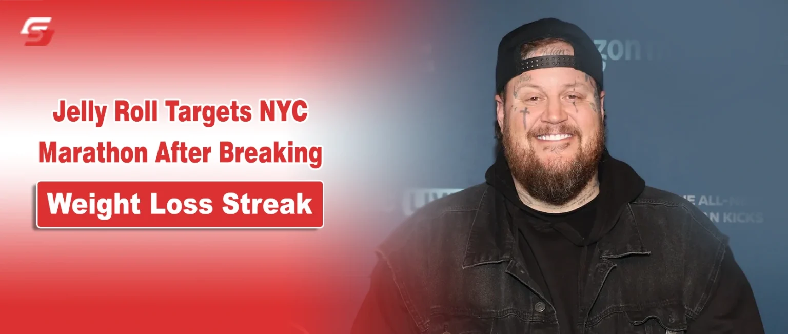 Portrait of musician Jelly Roll on a news graphic discussing his NYC Marathon goal and weight loss journey.