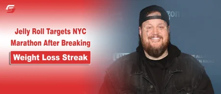 Portrait of musician Jelly Roll on a news graphic discussing his NYC Marathon goal and weight loss journey.