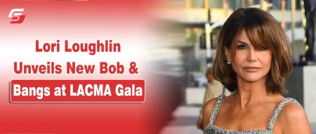 Lori Loughlin showcasing her new bob and bangs haircut at the LACMA Gala on a celebrity news graphic.