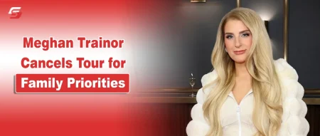 Portrait of Meghan Trainor on a red and white entertainment news graphic.