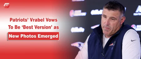 Mike Vrabel speaking at a press conference regarding his future with the New England Patriots.