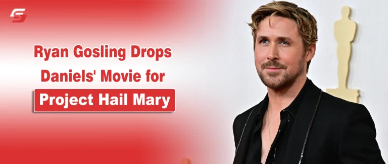 Ryan Gosling portrait on a red and white news graphic