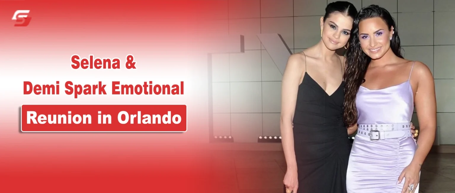 Selena Gomez and Demi Lovato posing together on a red news graphic.