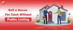 Ways to Sell a House for Cash Without Public Listing Illustration of a private real estate transaction showing two people exchanging house keys and cash in front of a home.