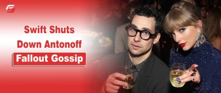 Taylor Swift and Jack Antonoff pictured together for a news story about shutting down fallout rumors.