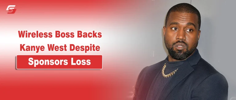 Kanye West portrait on a red and white news graphic regarding sponsorship news.