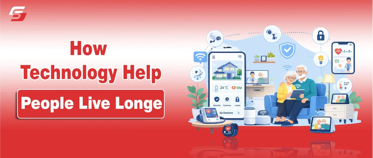 Illustration of aging adults living in a smart home using advanced technology