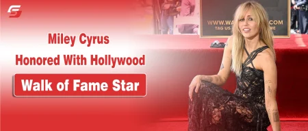 Miley Cyrus at her Hollywood Walk of Fame star ceremony featured banner for Stuffablog.com.